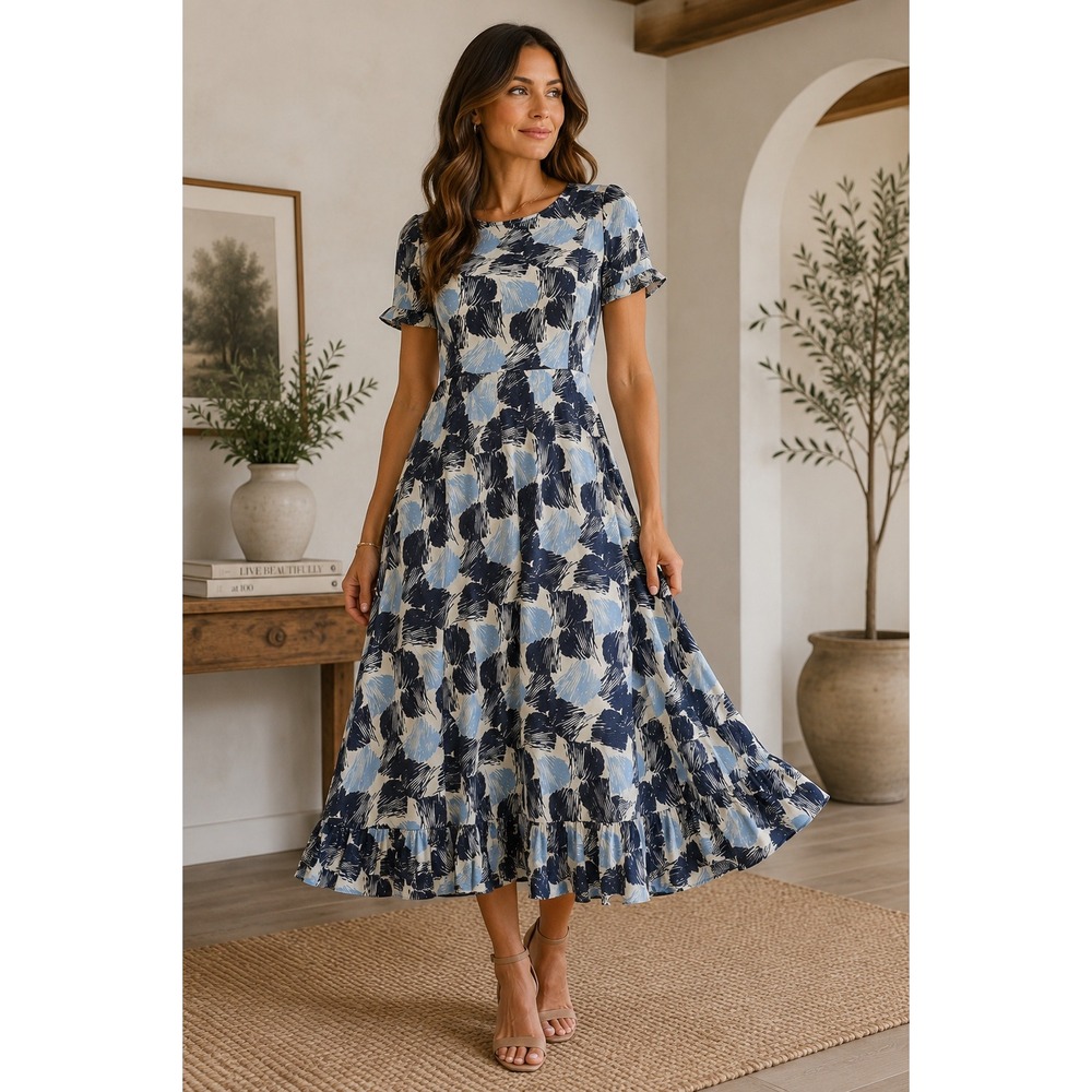Melissa Masse Dress Womens XS Blue Abstract Fit Flare Boho Coastal Cottagecore